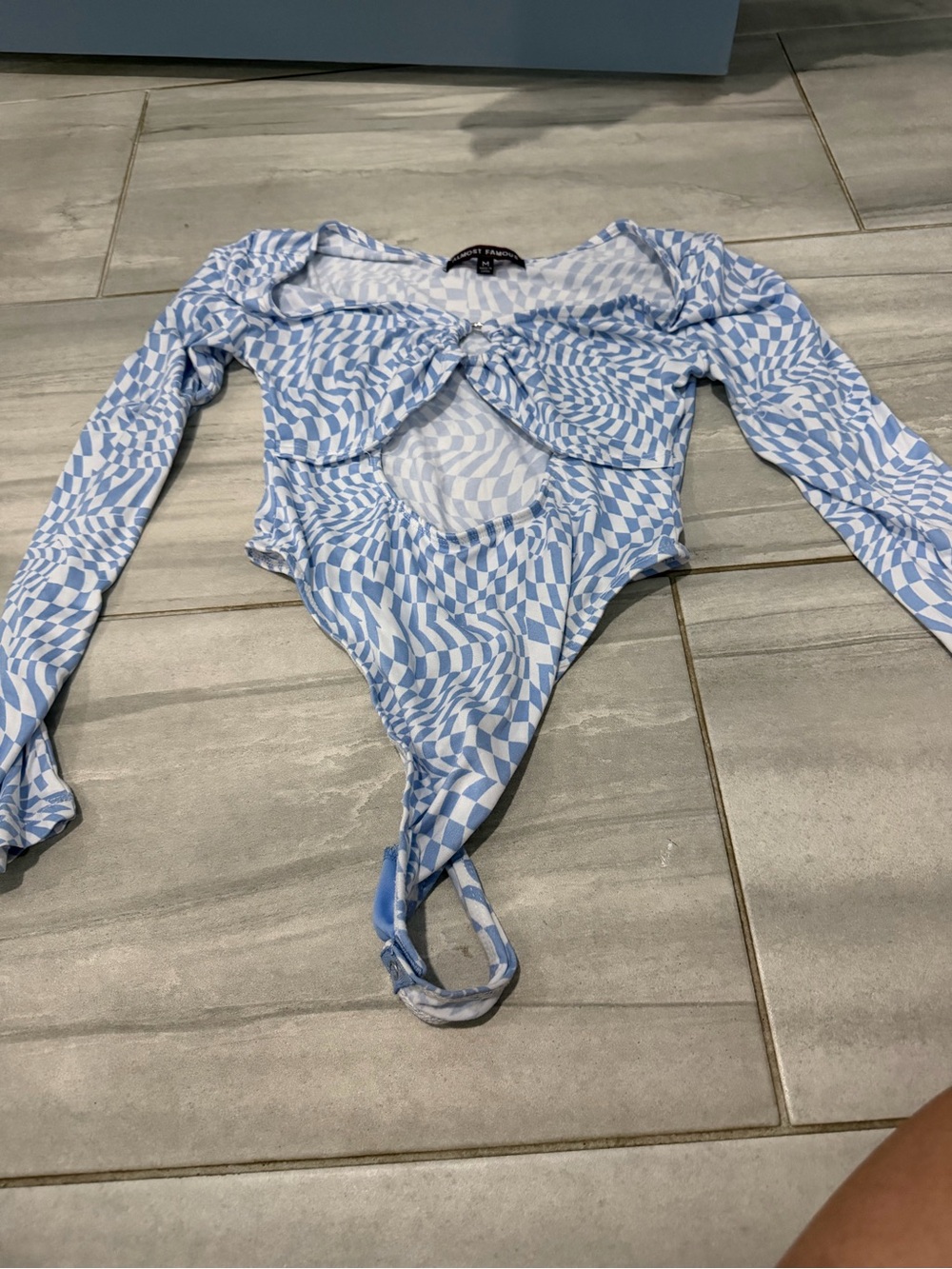 Almost Famous Light Blue & White Geometric Long-Sleeve Bodysuit - Kids
